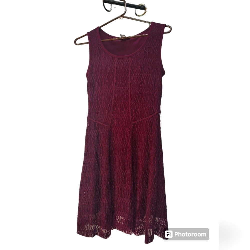 Midi Maroon cocktail lace Dress scoop neck